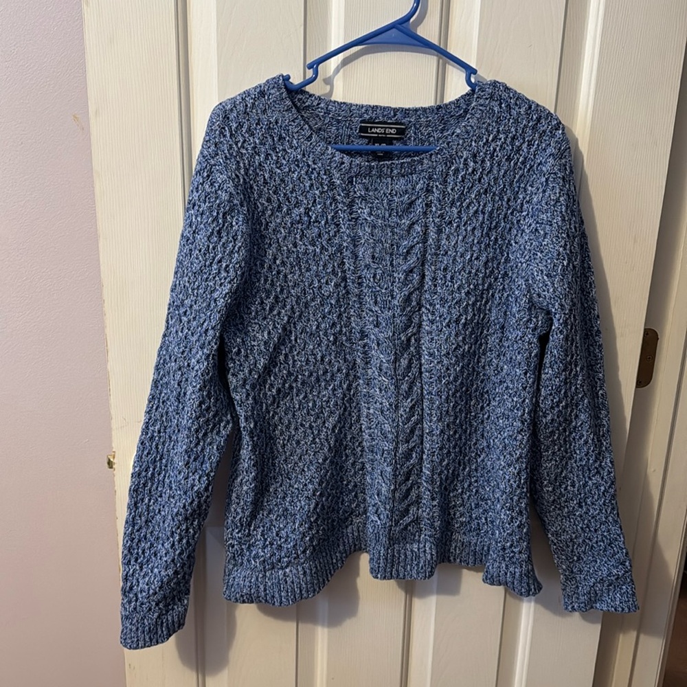 Lands' End Cotton Blue Cable Crew Neck Sweater